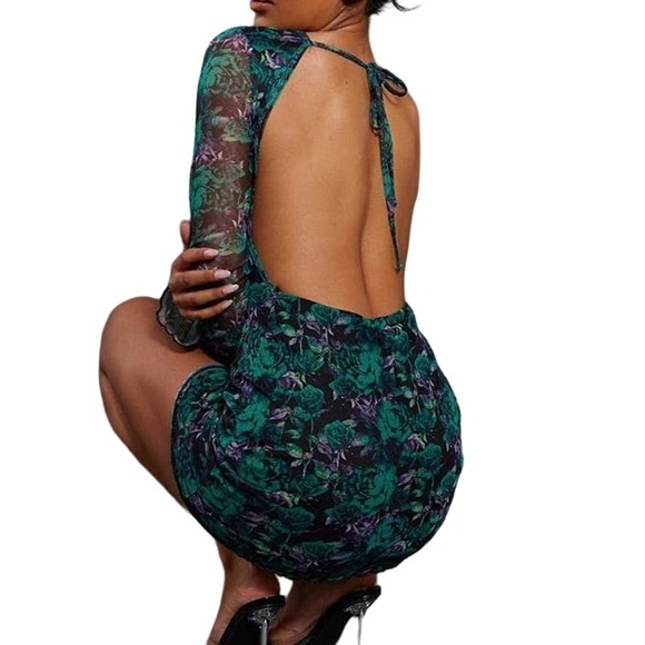 NWT PrettyLittleThing Green Floral Print Mesh Scoop Back Flare Sleeve  Dress - 4 - Picture 2 of 6